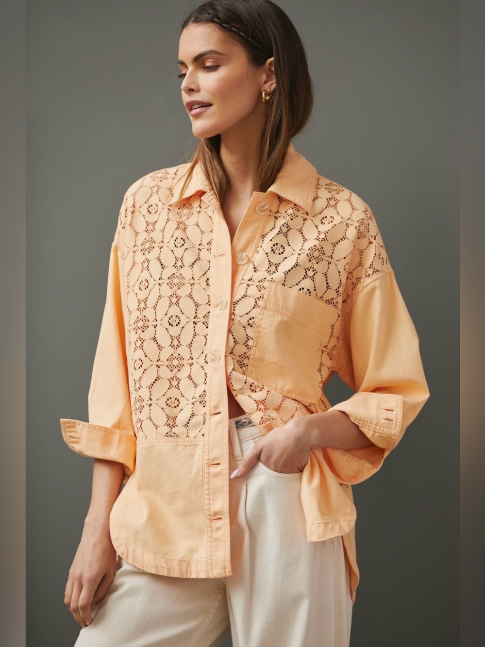 Maeve Anthropologie Lace Shirt Jacket Peach Sorbet Shacket Size XL